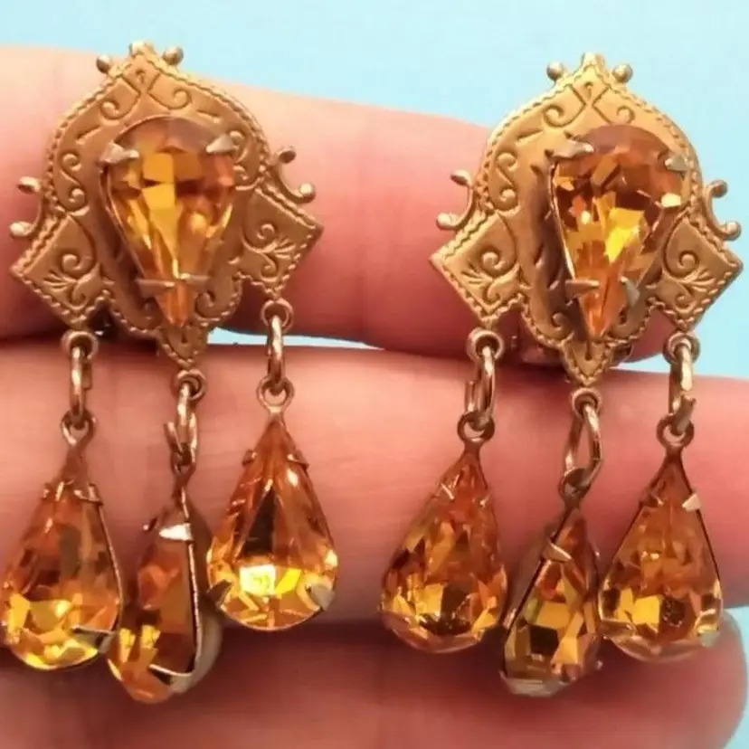 Vintage Amber Rhinestone Dangle Clipon Earrings, By DAFRI