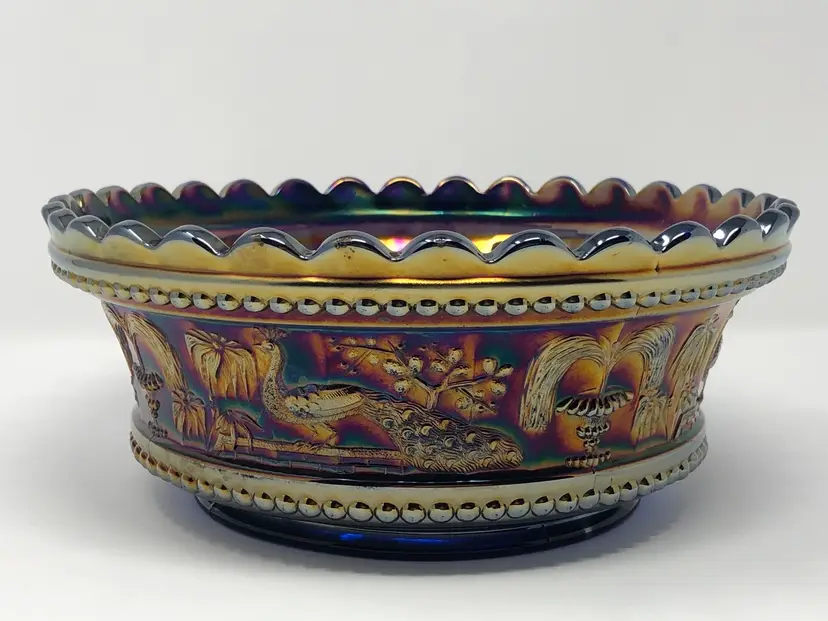 Peacock at the Fountain Cobalt Blue Master Berry Bowl Carnival Glass