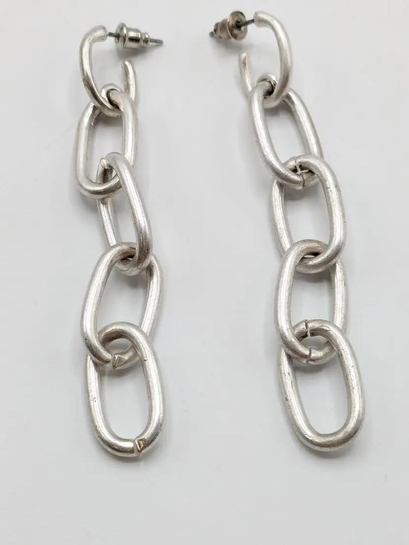 Silver Tone Chain Link Pierced Earrings Drop Dangle