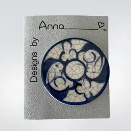 Vintage, Dedham Pottery, Bunnies, Handcrafted, Earthenware Pin, 1.75” in diameter.