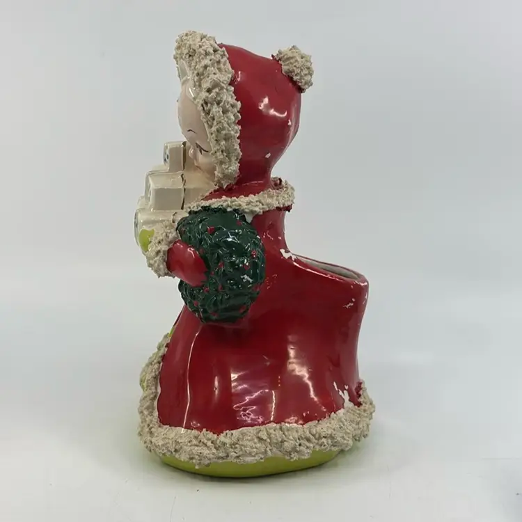 Kreiss Vintage Spaghetti Trim Christmas Shopper Girl Planter 7.5”