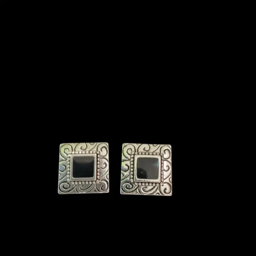 Vintage Silvertone  Napier Square Clip On Earrings . With Scroll Work Border And Blank Enamel Square Center