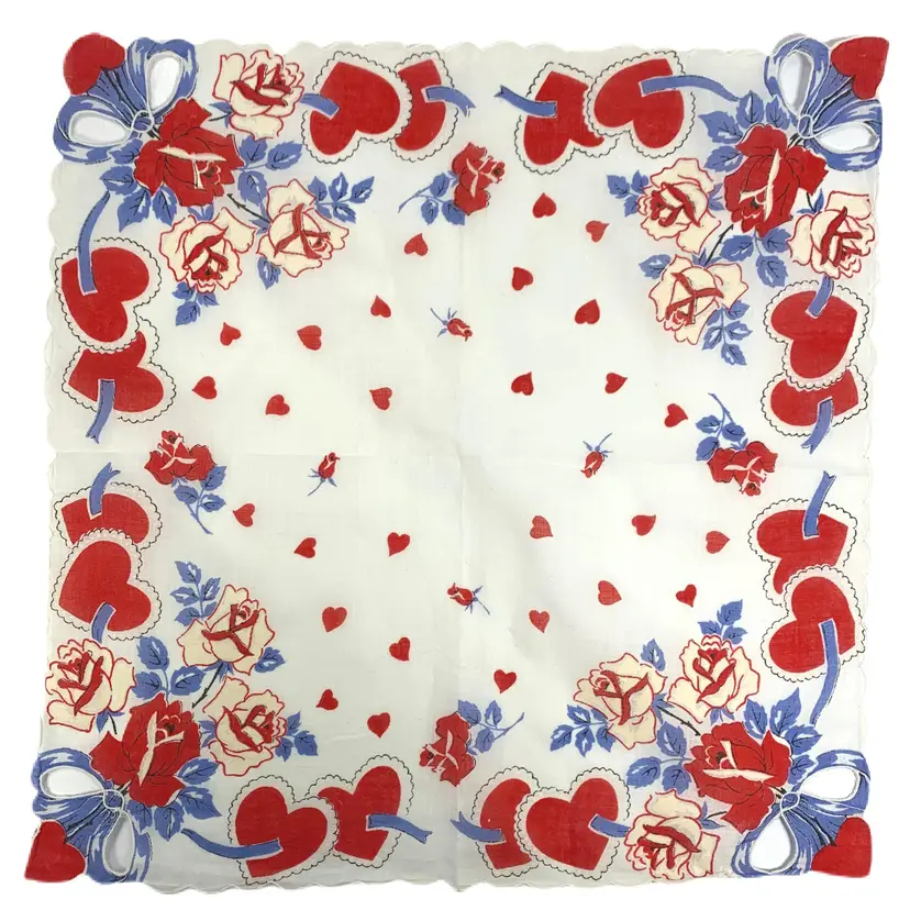 Valentine Red Roses Hearts Handkerchief Hand Painted Cut Out Vintage Love