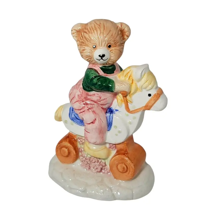 Vintage Teddy Bear on Horse Figurine Baby Nursery Made in Taiwan 5.5" x 4"
