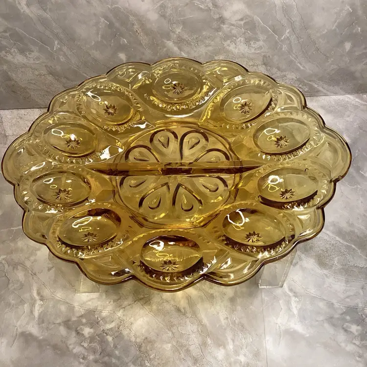 Vintage LE Smith Amber Moon & Star Oval Glass Deviled Egg Plate Platter Tray