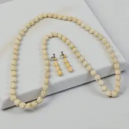 Vtg Hawaiian Carved Pikake Lotus Flower Necklace Lei Screw Back Earrings Set 20"