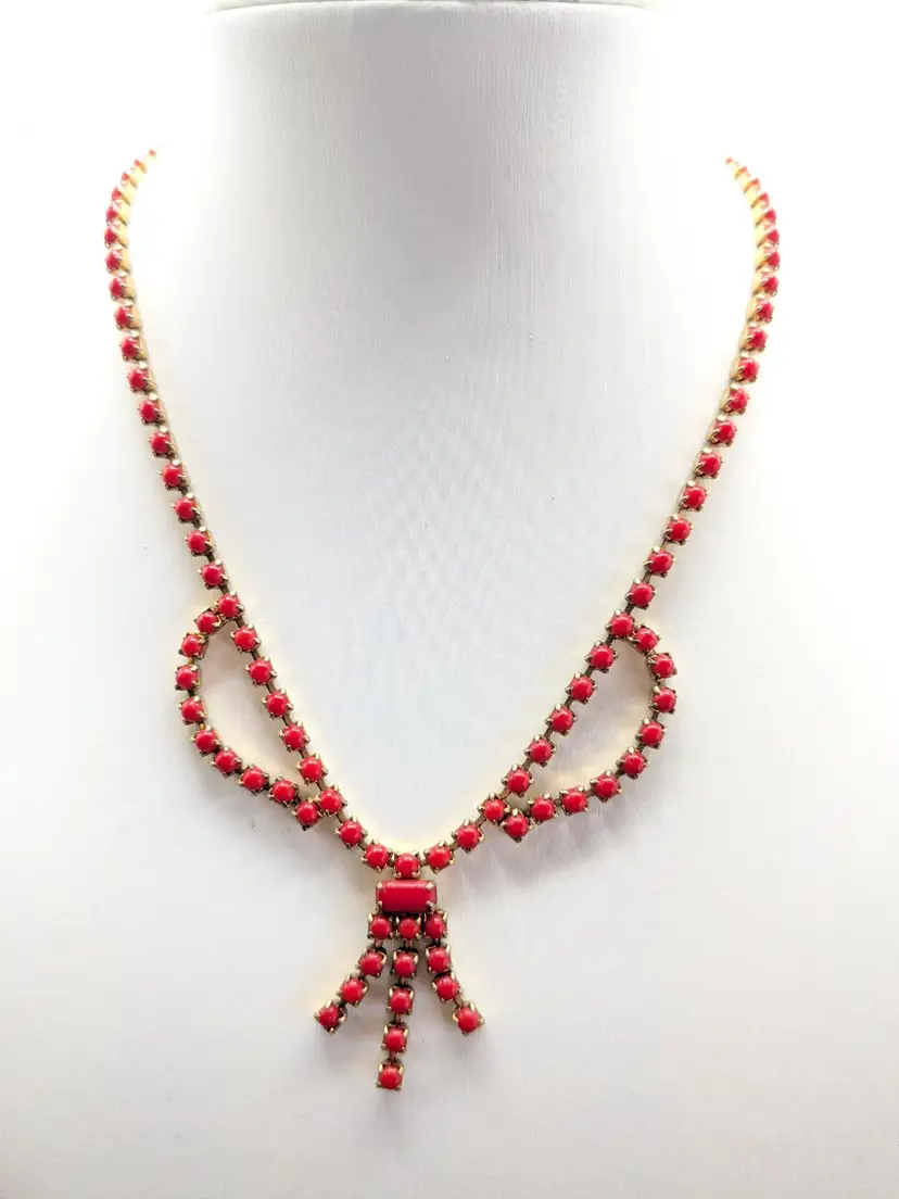 Vintage Red Rhinestone Necklace with Tassel Gold Tone