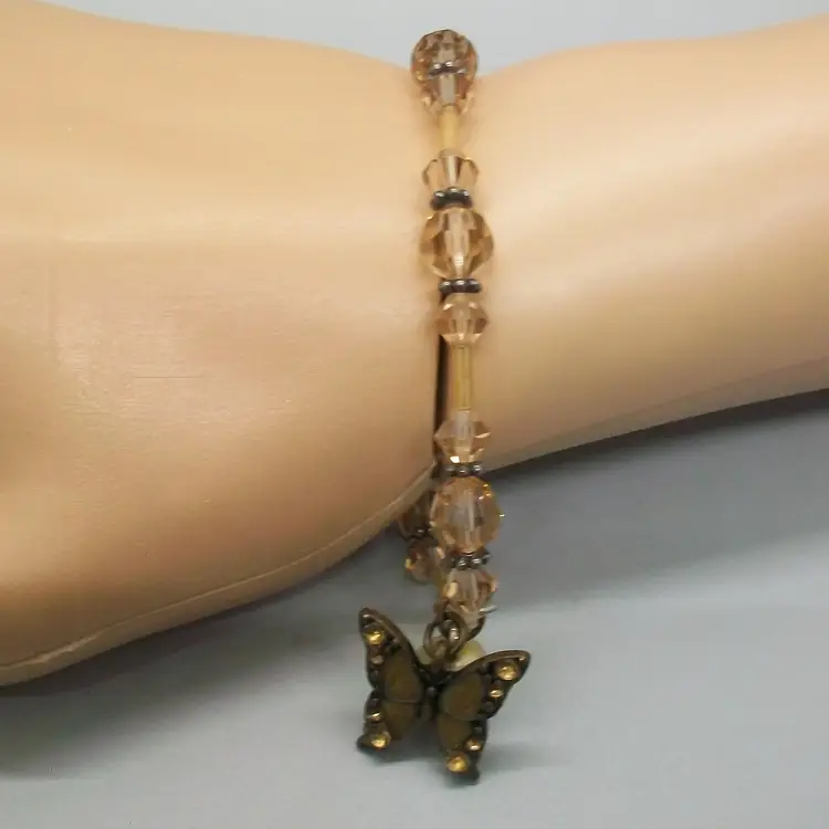 Champagne Tan Bead Stretch Bracelet with Enamel Butterfly Faux Pearl Charms 7.5"