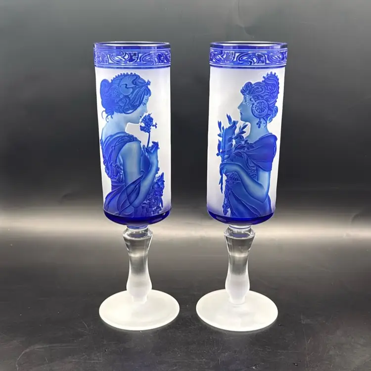Vintage 1980’s Cameo Cylindrical Glasses - Alphonse  Mucha FS Czech Republic