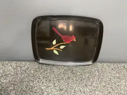 MCM Black Lacquer Couroc of Monterrey Tray Red Cardinal Branch Abalone 60s-70s