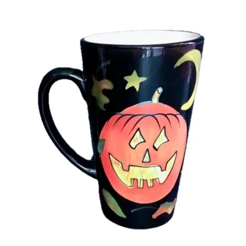Susan Winget Pumpkin Jack O Lantern Tall Coffee Mug Cup Black Orange Spooky Fun