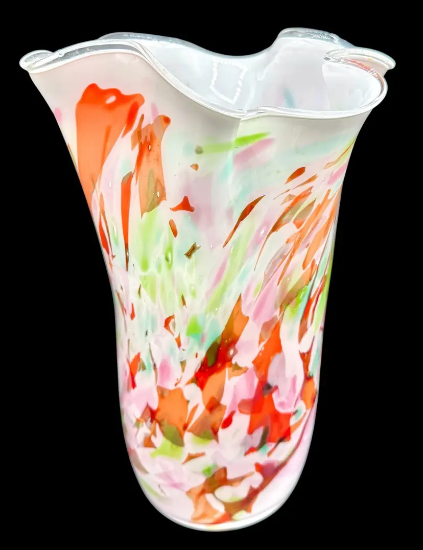 Jozefina Krosno Poland Hand Blown Art Glass Handkerchief Vase Red Green Blue 12”