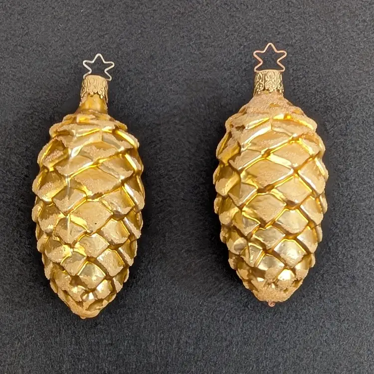 Vintage Inge Glas Gold Pine Cone Christmas Glass Ornaments Set of 2 West Germany