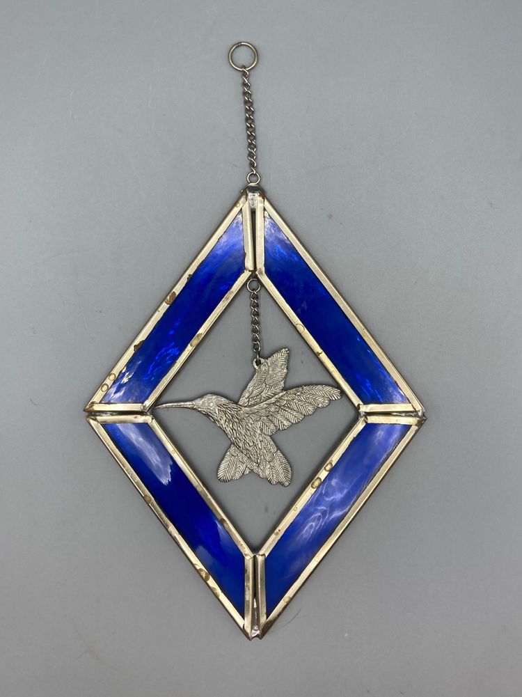 Blue Stained Glass Suncatcher with Pewter Hummingbird