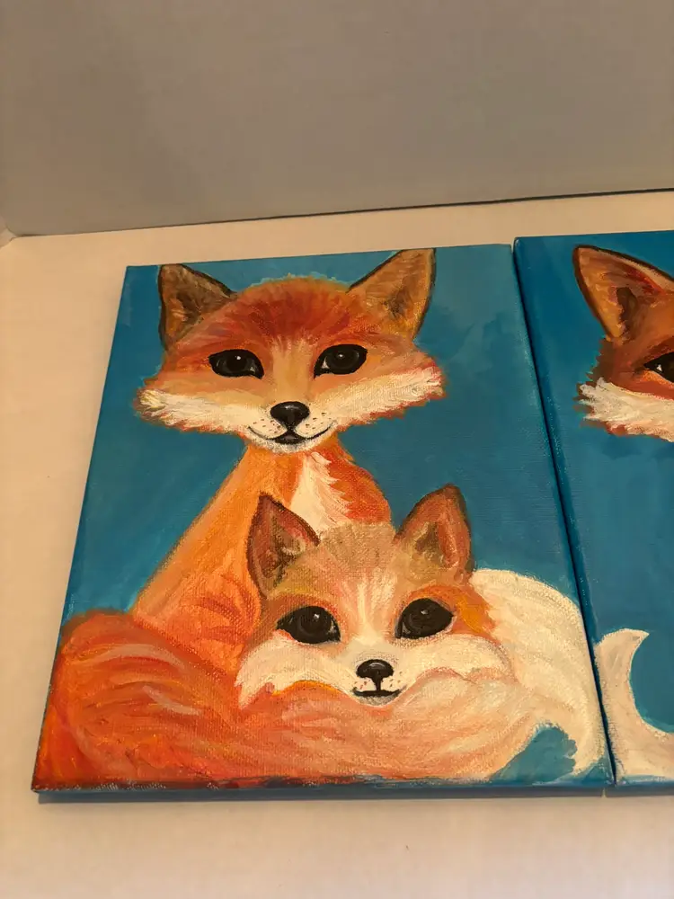 Lot of 2 Original Art Paintings Foxes Acrylic on Canvas Unframed One Signed