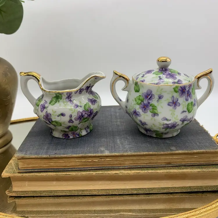 Vintage Lefton China Violet Chintz Cream & Covered Sugar Made in Japan w Label