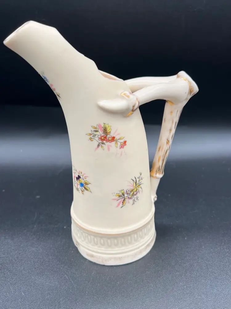 Antique Roschutz Bisque Porcelain 7" Pitcher w/Antler Shaped Handle, Germany