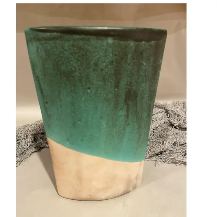 Skinny Green Pottery Vase Signed