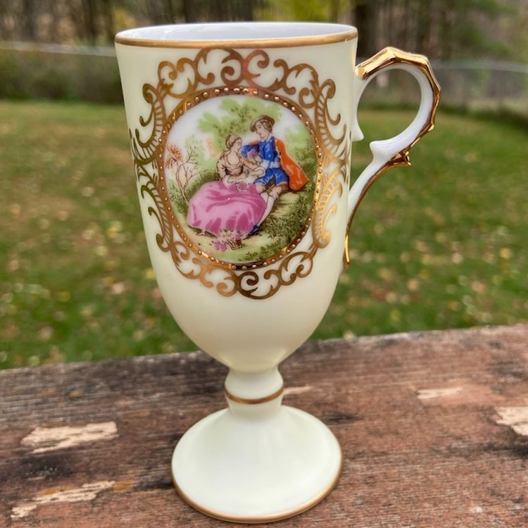 Lefton China, Hand-Painted Courting Couple, Porcelain Cup & Saucer #1358. Custard-Hued Porcelain With Gold Gilt.