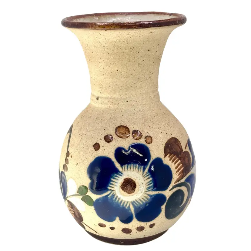 Tonala Mexican Pottery Vase with Blue Flower 5.5”