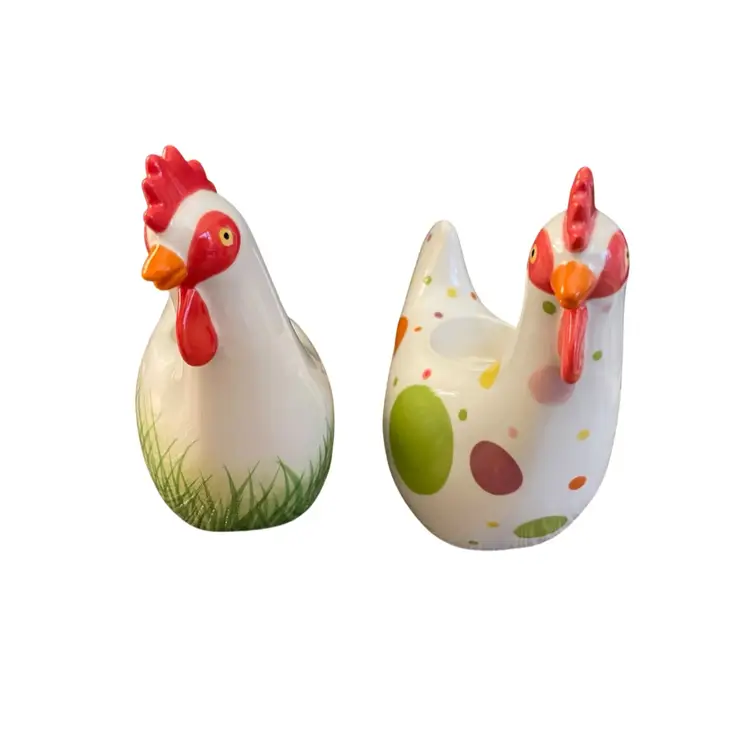 Partylite Ceramic Hen Candle Holders Set Of 2 Polka Dots & Green Grass