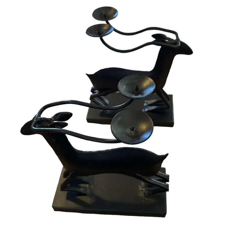 2 Black Rustic Metal Reindeer Candle Holders
