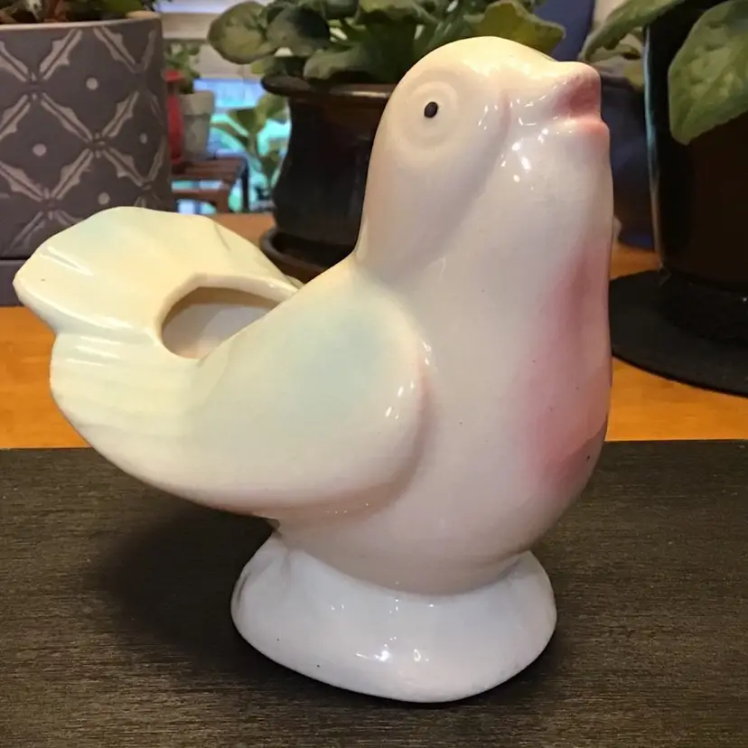 Vintage FAPCO Fredericksburg Art Pottery Bird Planter Blue Pink 5.25" Tall As Found