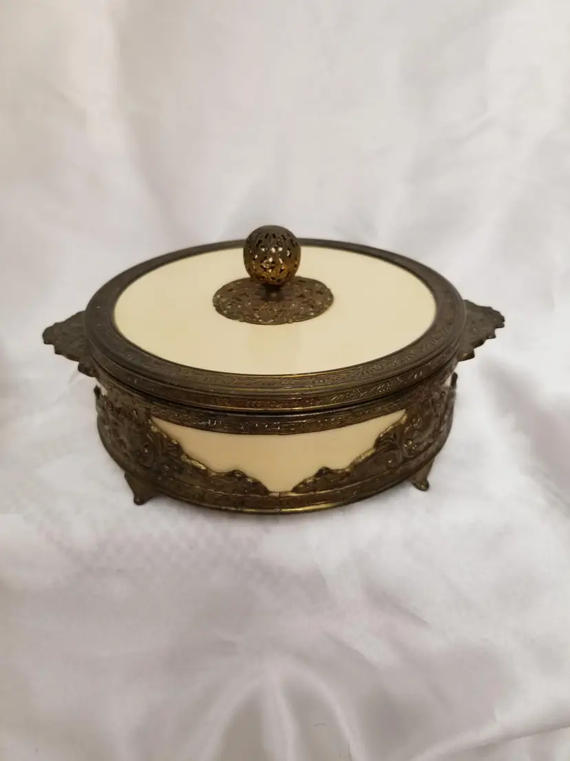 #147 Vintage Ormolu & French Ivory Celluloid Covered Trinket Dish
