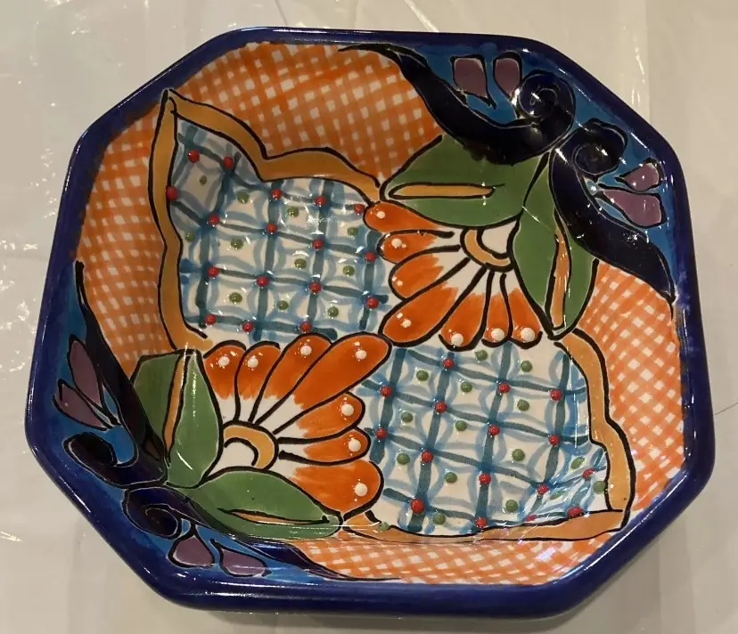 Talavera Mexican Pottery Octagonal 5” Ceramic Trinket Dish Lead Free Signed