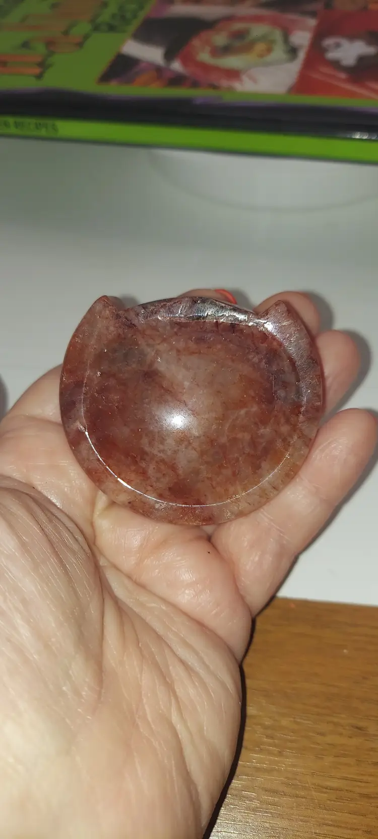 Stunning Hand Carved FIRE QUARTZ Kitty Cat Face CRYSTAL Bowl Sphere Holder