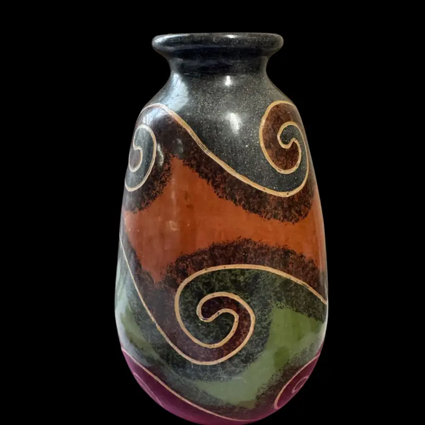 Costa Rican Hand-painted ceramic vase with swirling abstract design. 9”