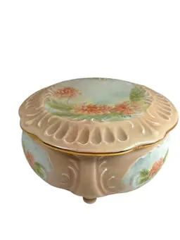 Trinket Dresser Box Lidded Lined Hand Painted Peach Chrysanthemums Hobbyist Signed Laila