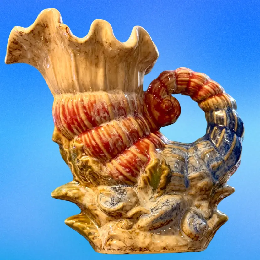 Vintage Kaldun and Bogle Multicolor Ceramic Handpainted Whimsical Shell Seascape Pitcher Vase