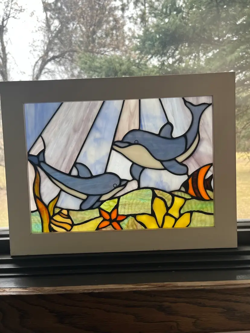 Framed Stained Glass Suncatcher-Vibrant Underwater Scene w/ Dolphins