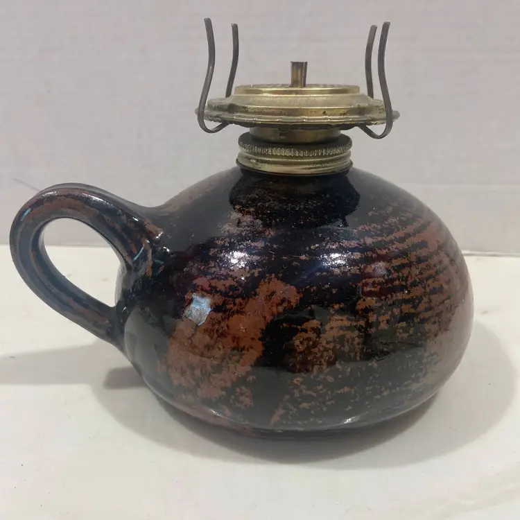 Oil Lamp Brown Stoneware bottom only w/handle great glaze  6" round  x  6"