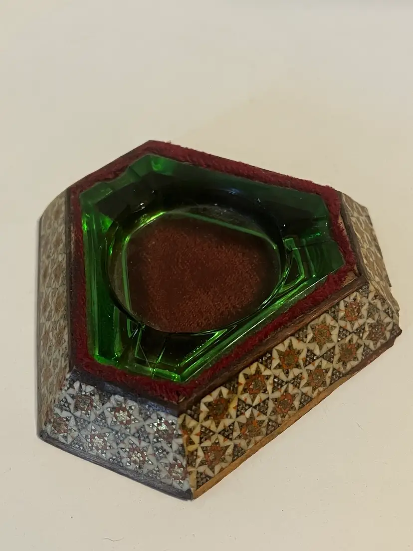 VTG Bohemia Glass Green Ashtray Czechoslovakia Triangle Wood Stand Mosaic Stars