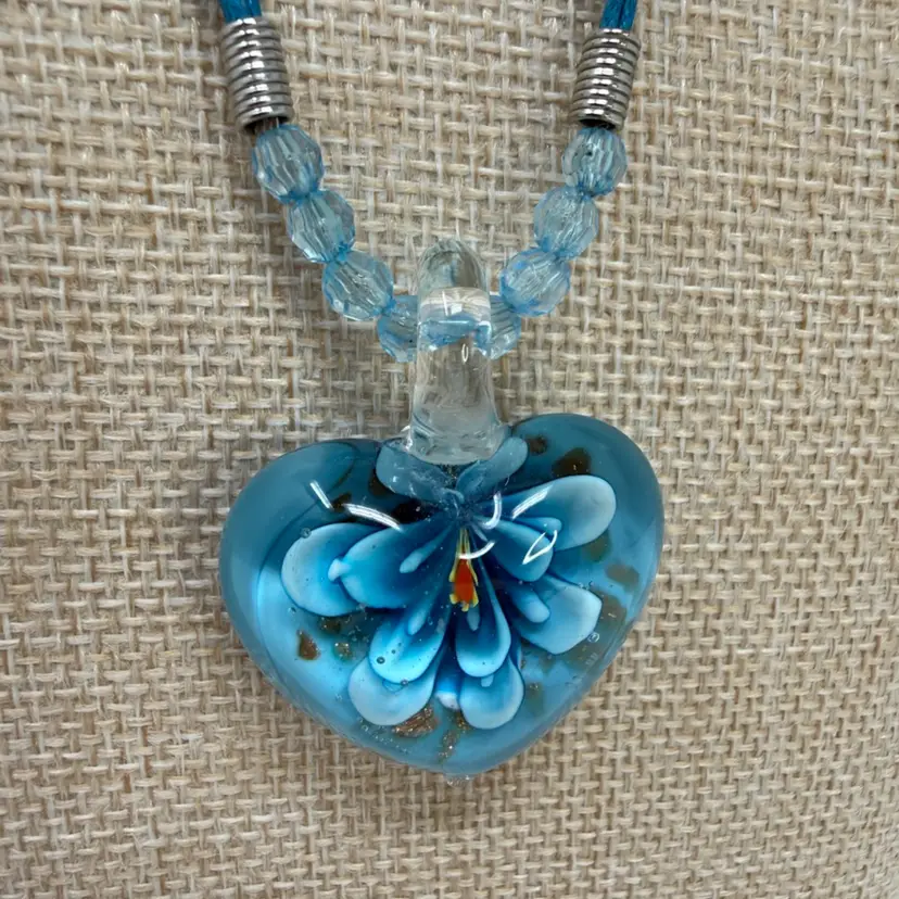 Blue Artisan Glass Heart With Flower Necklace