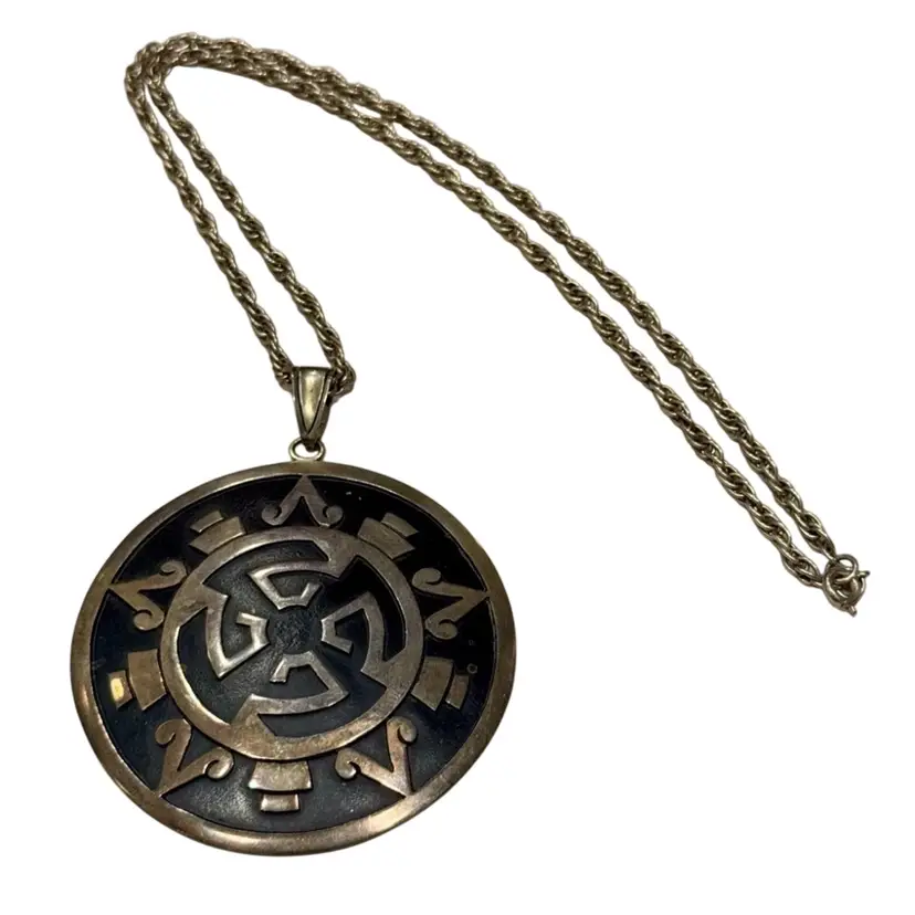 Vintage Taxco Mexico Sterling Silver Indigenous Symbol Pendant Signed 'FNM', 3.75”, 32.6g