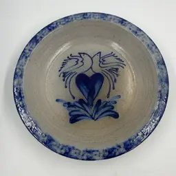 Vintage 1990 Eldreth Pottery Pie Plate W/ 2 Lovebirds Over A Heart Signed On The Back