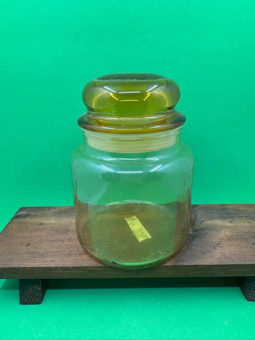 Vintage clear glass jar with a rounded amber glass lid With Plastic Seal, 5.5”, Wear Marks On Lid
