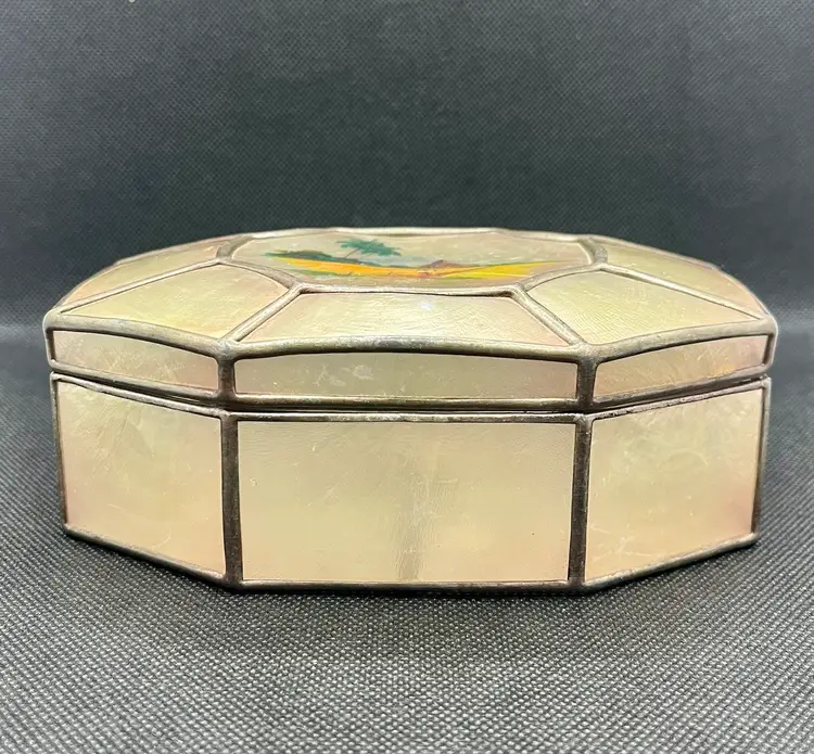 Vintage Capiz Shell Hinged Octagon Trinket Box , Souvenir Philippines