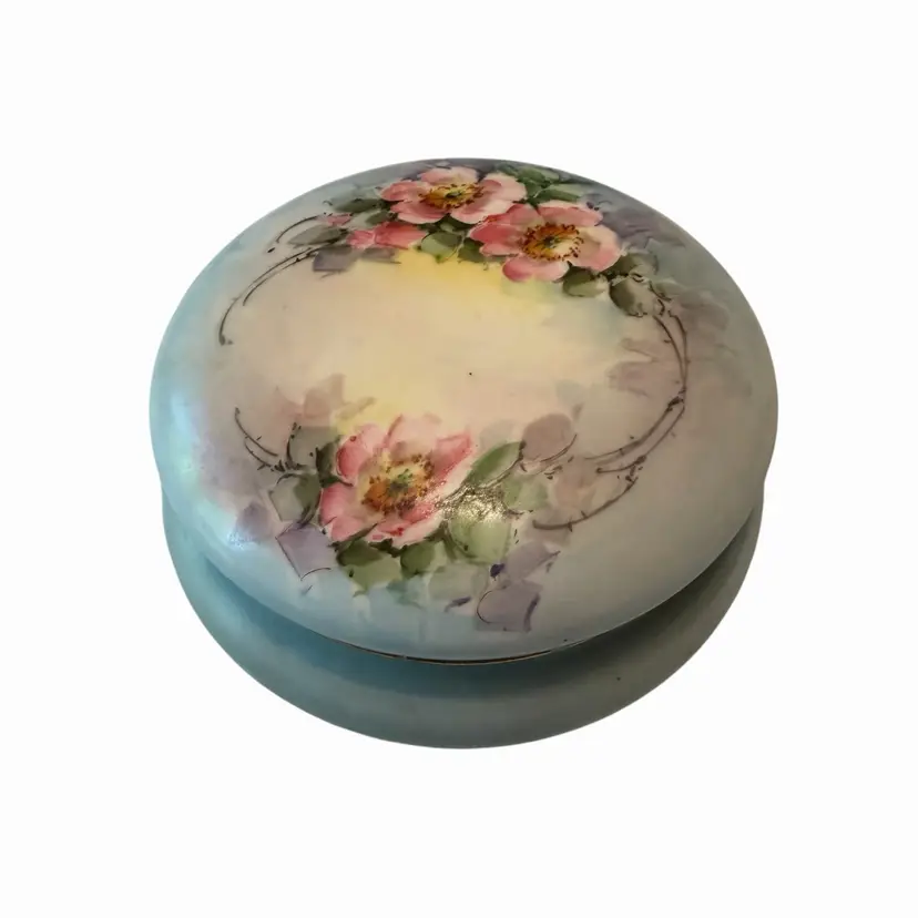 Antique Limoges Porcelain Round Trinket Dish Keepsake Holder Dresser Box Powder Vanity Box Hand Painted Flowers France