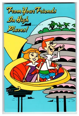 The Jetsons Postcard 1987 George & Jane Flying Car Hanna-Barbera Luna Bay