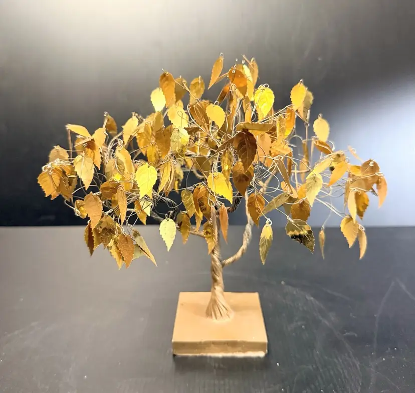 Vintage MCM Gold Leaf Dream Wish Tree Twisted Wire 11" Tall