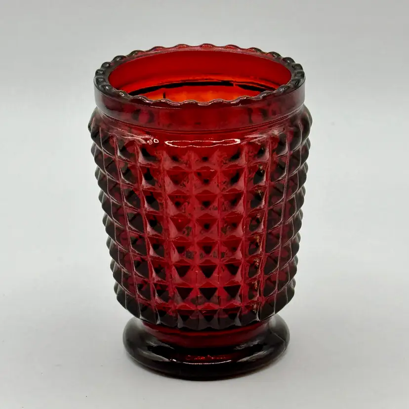 Vintage Hobnail Ruby Red Glass Votive Holder Tooth Pick Holder, Diamond Point Pattern, Scalloped Edge, Elegant Home Decor, Unbranded