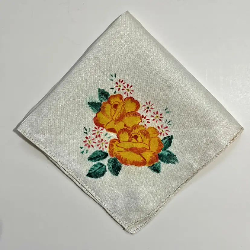 Irish Linen Hand Painted Handkerchief Floral Rose Cottage Core Granny Vintage