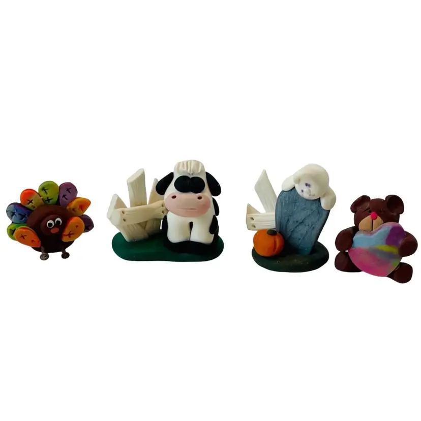 Miniature Polymer Clay Figurines Cow, Turkey, Bear, & Ghost