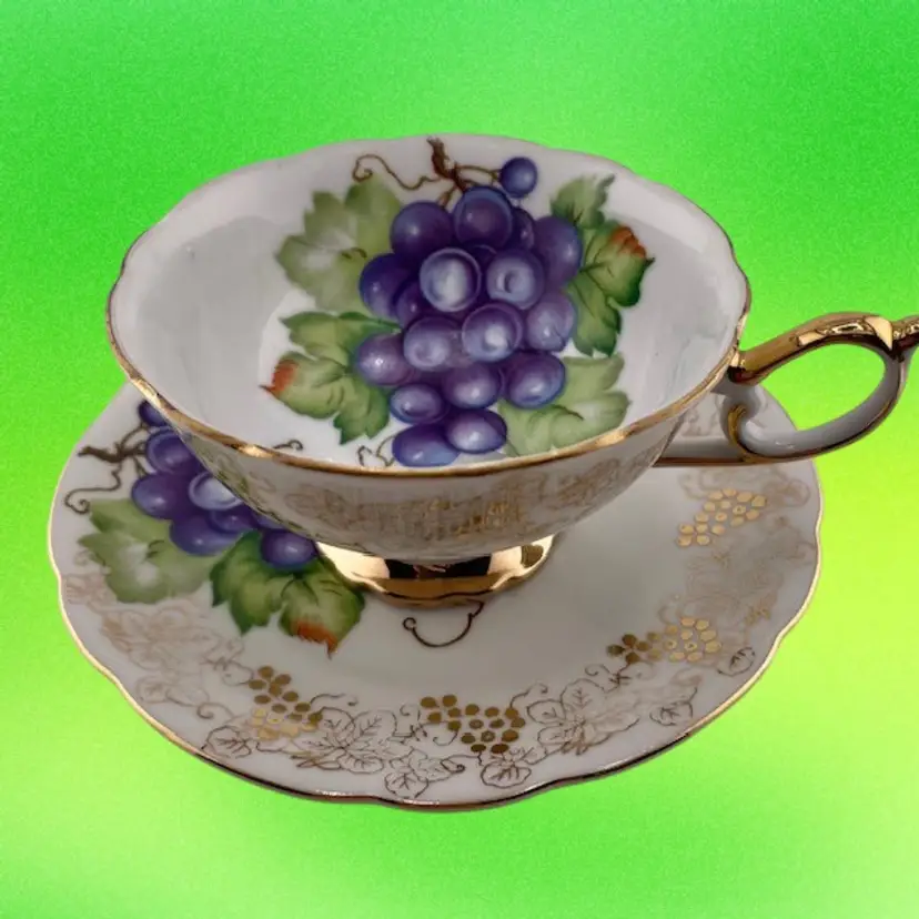 Vintage Yada Teacup and Saucer Grape Design Gold Highlights & Trim
