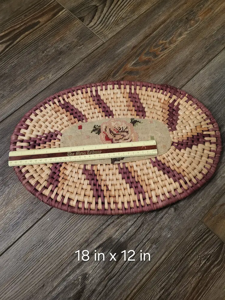 Vintage Straw Oval Trivet Hot Pad With Cross Stitched Florals