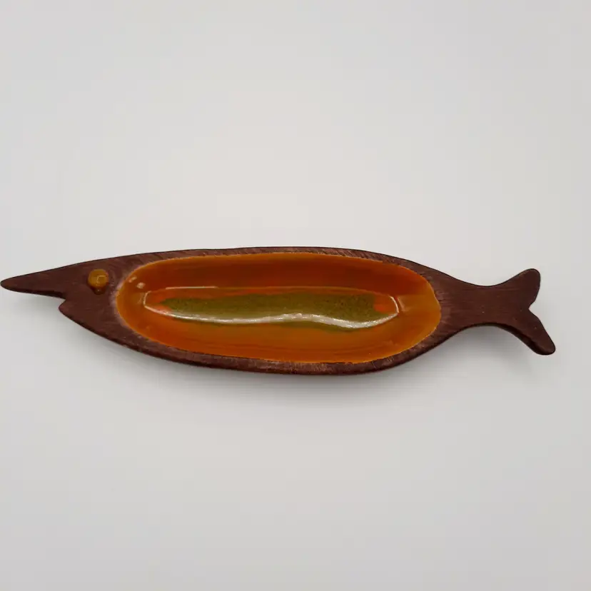 Jaru Pottery Fish Dish MCM Glazed Yellow Orange Green With Woodgrain Texture